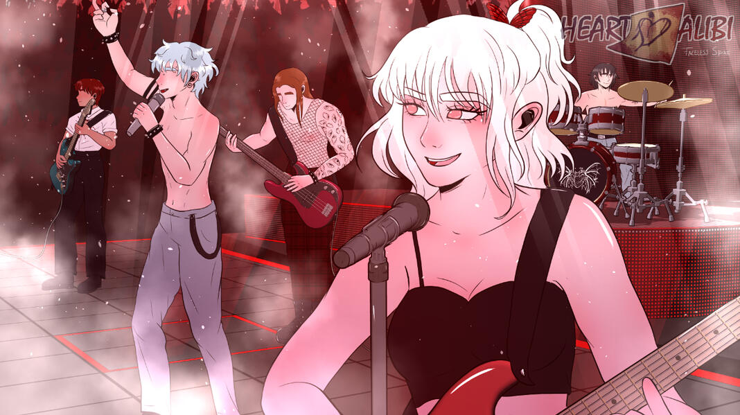 Alibi Concert: Duivel: Blair Jackson (stage name Duivel) is the backup singer and lead guitarist of Alibi, a fictional band from my webcomic 'Heart Alibi'