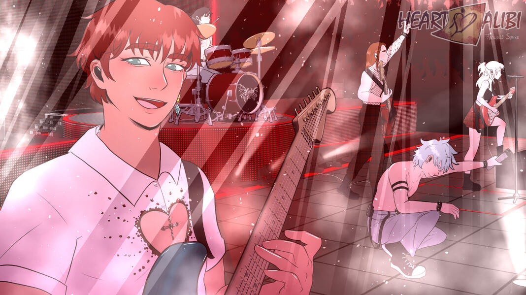 Alibi Concert: Hikari: Elioth Mercedes (stage name Hikari) is the rhythm guitar and pianist of Alibi, a fictional band from my webcomic 'Heart Alibi'